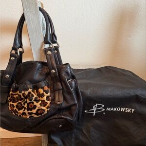 B. Makowsky Black Leather Bag with Leopard Accent